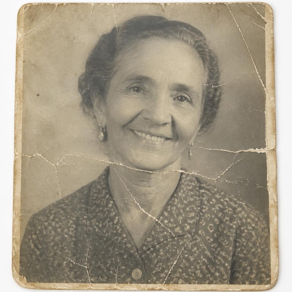 Faded black-and-white portrait with scratches