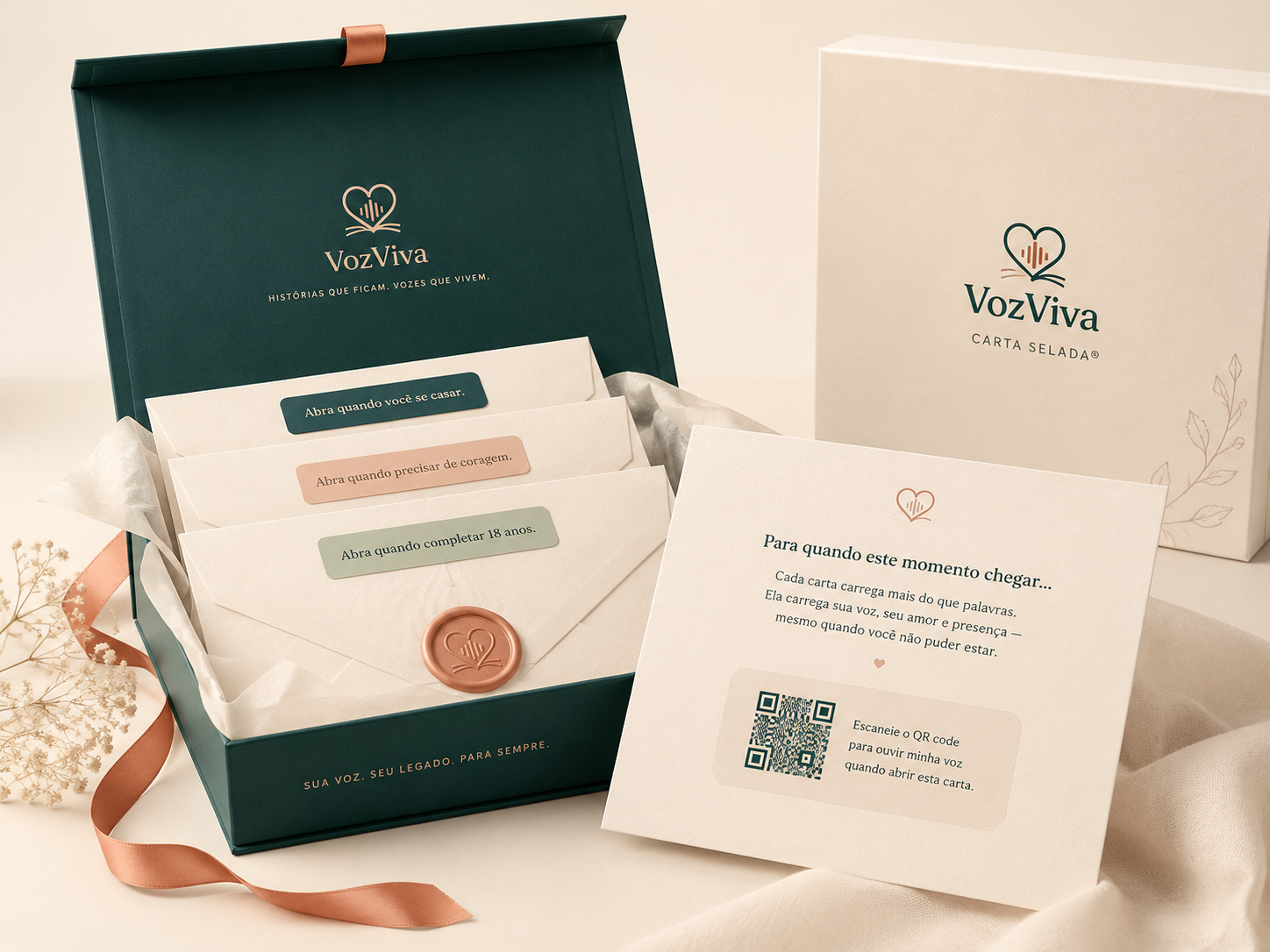 Box físico VozViva Carta Selada com envelopes, selo de cera e cartão com QR code