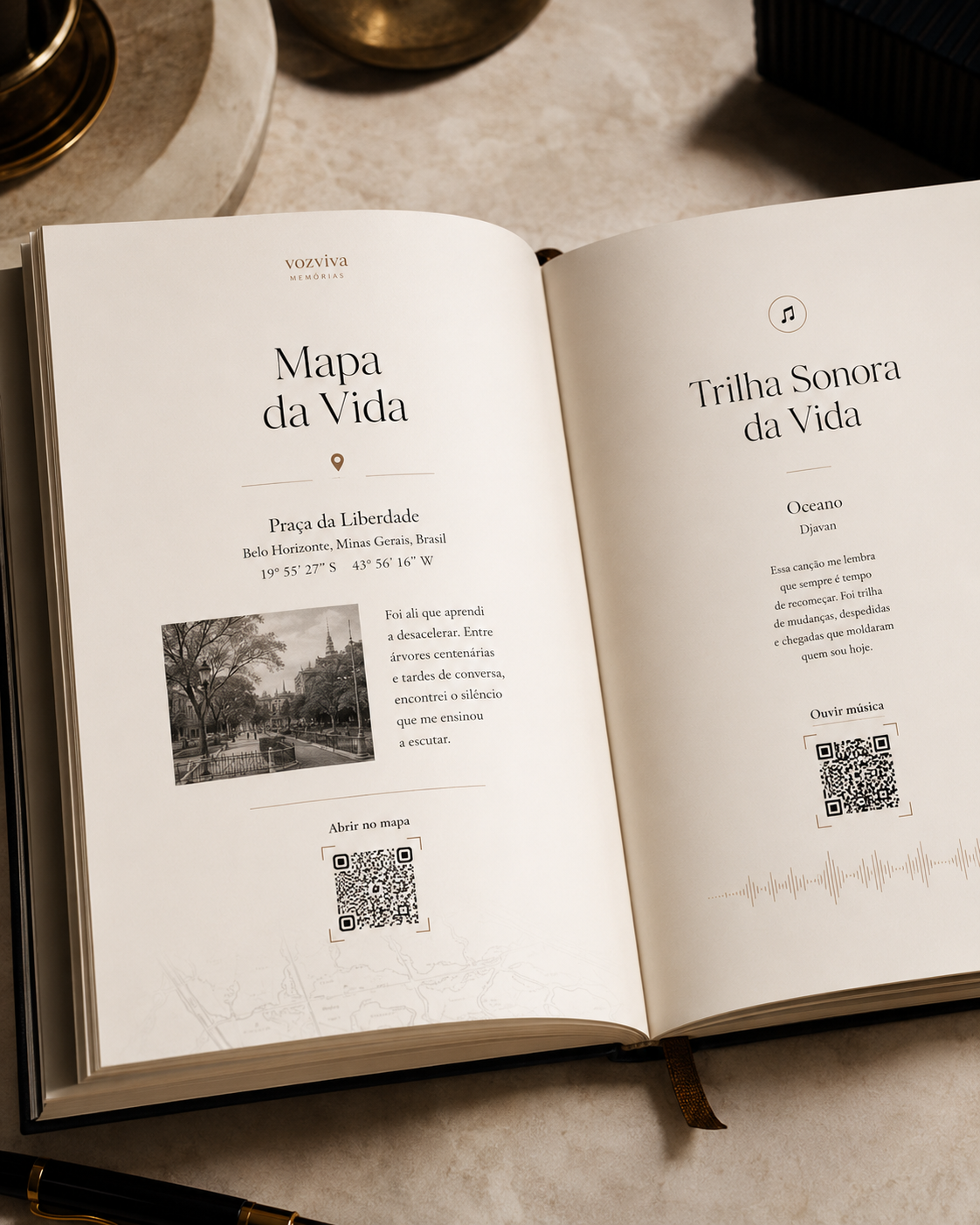 Open VozViva book showing special Life Map and Life Soundtrack pages with QR Codes.