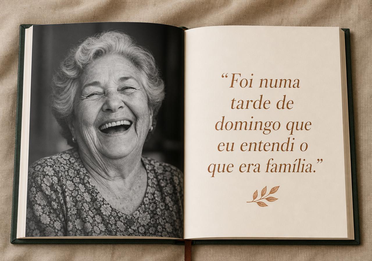 Book page with a family photo and a standout quote